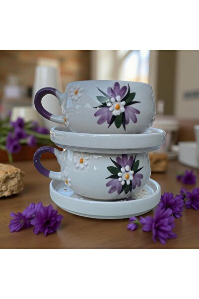 İlbay Çini Takı Bear Mug with Saucer Lilac Crocus Flower, 2 Mugs, 2 Saucers, Handcrafted Ceramic Mug, Cake Mug