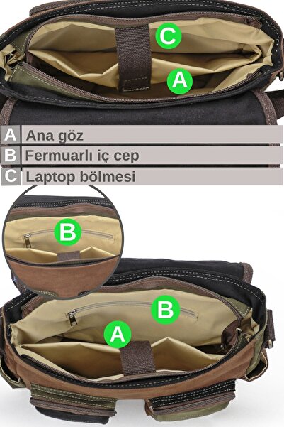 Cappadocia Vintage 4017 Khaki Brown 14-Inch Laptop Cotton Gabardine Messenger School Bag Unisex with Lock Multi-Pocket Shoulder Strap