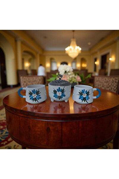 İlbay Çini Takı El İşi Mavi Çiğdem Çiçeği Desenli 2 Adet Seramik Kupa 1 Adet Ayşen Şekerlik