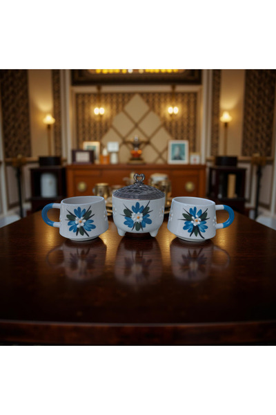 İlbay Çini Takı El İşi Mavi Çiğdem Çiçeği Desenli 2 Adet Seramik Kupa 1 Adet Ayşen Şekerlik