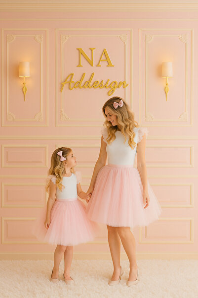 NA ADDESIGN Anne Kız Kombin Tül Elbise - Beyaz & Bebe Pembe - Double Krep Üst, Kat Kat Tül Etek, Full Astar