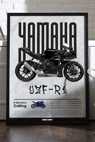 Duvarda Αφίσα Yamaha YZF R1 με μαύρο ξύλινο πλαίσιο, διακοσμητικός πίνακας το...