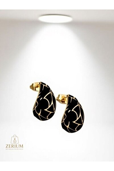 ZERİUM Minimalist Black Marble Stone Detailed Steel Drop Women's Earrings