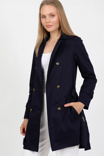 MissKybele Kruvaze Ceket Yaka Düğme Kapama İki Cep İçi Astarsız Kemerli Uzun Kol Kısa Basen Altı Esnek Trençkot