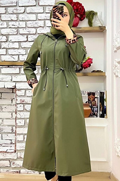 Yeslena Full Fermuar Kapama Kapüşonlu Uzun Kol Büzgülü İki Cepli Rahat İçi Leoparlı Diz Altı Günlük Trençkot