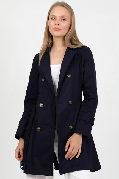 MissKybele Kruvaze Ceket Yaka Düğme Kapama İki Cep İçi Astarsız Kemerli Uzun Kol Kısa Basen Altı Esnek Trençkot