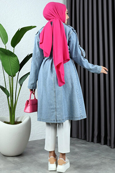 MissKybele Çentikli Ceket Yaka Kuşaklı ve Düğmeli İki Cepli Yıkamalı Diz Altı Midi Boy Denim Jean Kot Trençkot