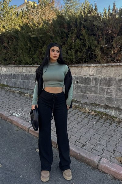 Siner Fashion Kadın Siyah Fitilli Bol Paça Rahat Günlük Pantolon