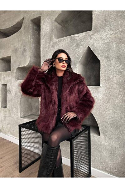 Ahzem Collection سترة نسائية من الفرو بياقة واسعة وجيوب