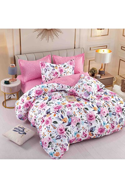 JOJO HOME Lenjerie De Pat, Cu Elastic, 6 Piese, Finet Premium, Model Floral