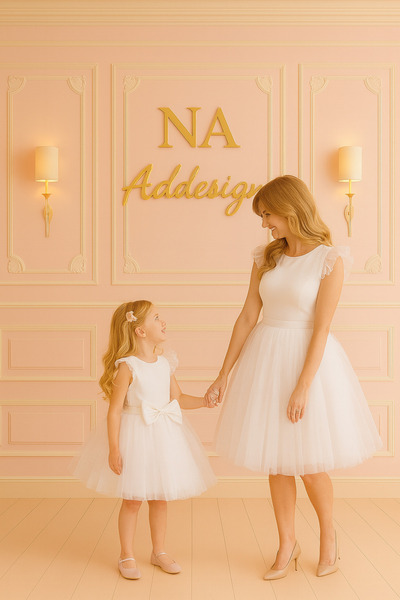 NA ADDESIGN Mother Daughter Matching Tulle Dress - White & Baby Pink - Double Crepe Top, Layered Tulle Skirt, Full Lining