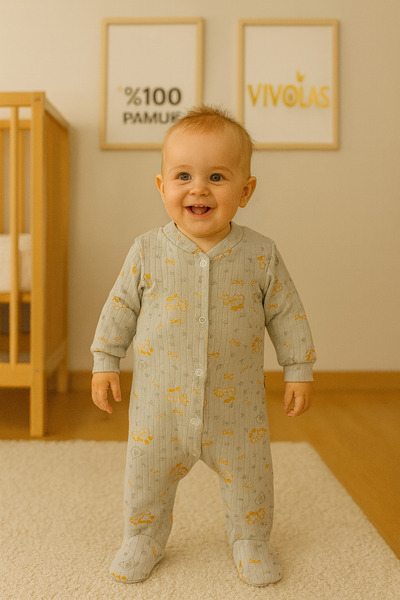 Vivolas 100% Organic Cotton Baby Rompers Set of 2 Gray & Brick Long Sleeve