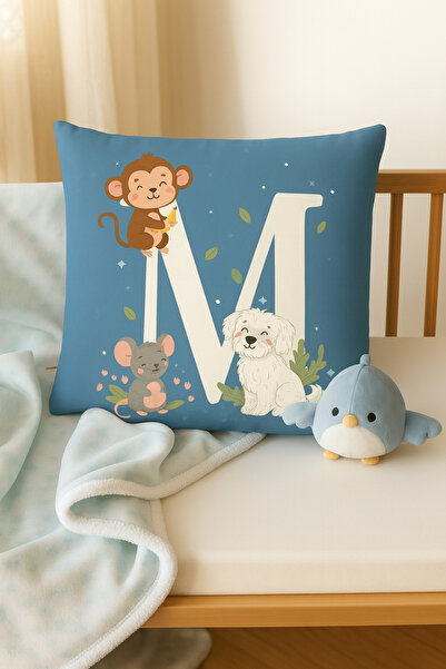 ALAMODECOR Двойна дигитална печатна възглавница за момчета, синя, с буквата М