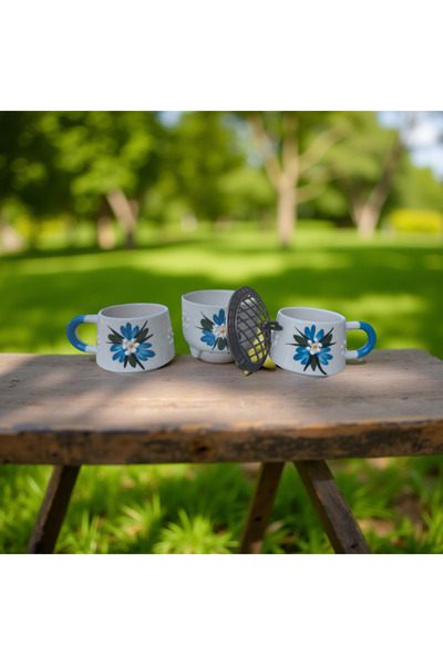 İlbay Çini Takı El İşi Mavi Çiğdem Çiçeği Desenli 2 Adet Seramik Kupa 1 Adet Ayşen Şekerlik
