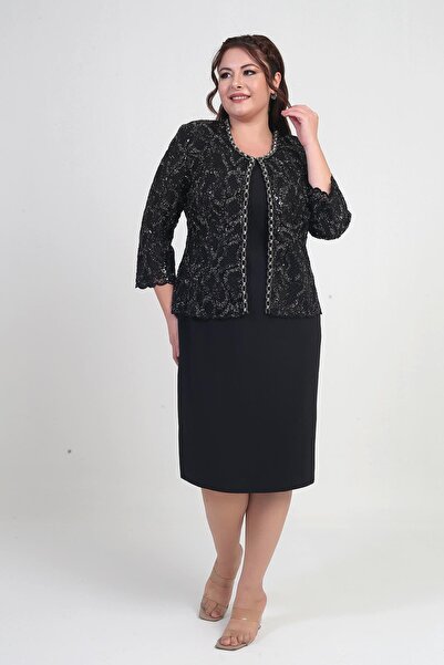 By Saygı Women's Sleeveless Dress Sequin Embroidered Tulle Jacket Bead Detail Lined Plus Size 2-Piece Set