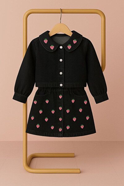 Tiny KIZ ÇOCUK ÇİLEK DETAYLI DENIM GÖMLEK - ETEK TAKIM