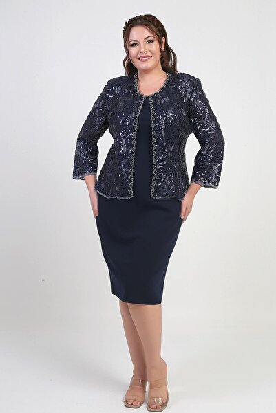 By Saygı Women's Sequin Embroidered Bead Detailed Tulle Jacket Half Moon Sleeve Short Dress Lined Crepe Plus Size 2-Piece