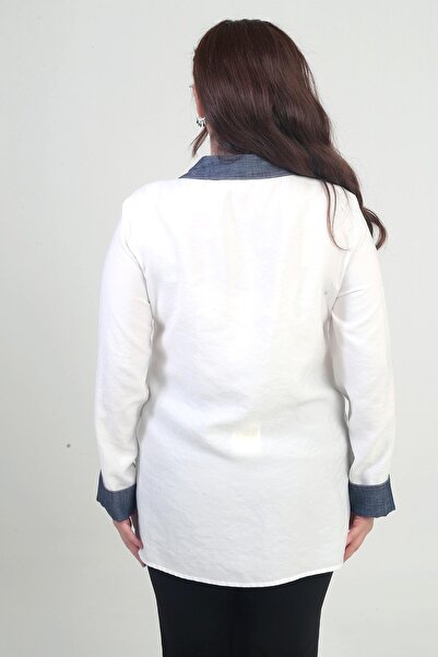 By Saygı Women's Front Embroidered Denim Appliqued Plus Size Lyocell Shirt