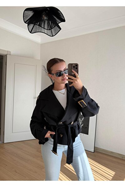 BAŞARAN Black Short Trench with Belt Detail