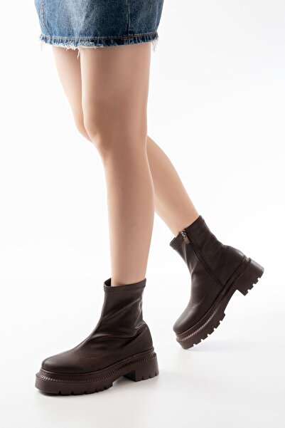 Mida Shoes 236-2011 Kahve Streç Fermuarlı Günlük Kadın Bot