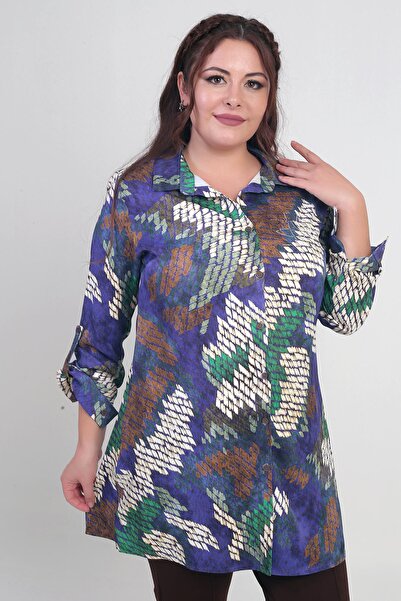 By Saygı Kadın Batik Desenli Büyük Beden Krep Saten Uzun Gömlek