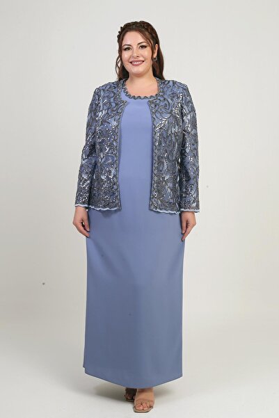 By Saygı Women's Sequins Embroidered Beading Detail Tulle Jacket Half Moon Sleeve Long Dress Lined Crepe Plus Size 2-Piece