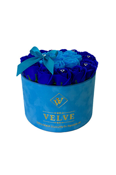 velve Aranjament floral Splendor in doua culori, in cutie de catifea cu trandafiri de sapun,Albastru-Blue