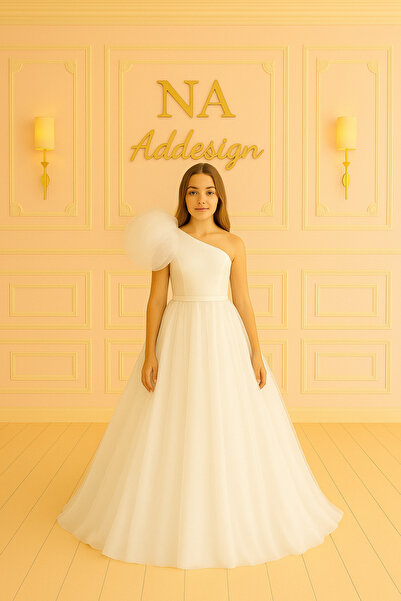 NA ADDESIGN Βραδινό φόρεμα πριγκίπισσας με μονό ώμο με φουσκωτά μανίκια από τούλι – (Κόκκινο, Φούξια, Λευκό, Μαύρο) Φόρεμα αποφοίτησης