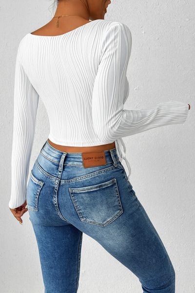Marin Star White Boat Neck Long Sleeve Side Ruched Blouse, Boat Neck Ruched Lycra White Crop Blouse Top