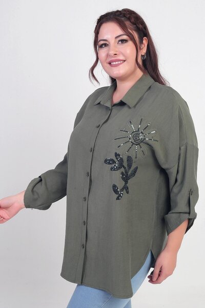 By Saygı Women's Oversized Shirt with Sleeve Folds, Floral Appliques, and Side Slits