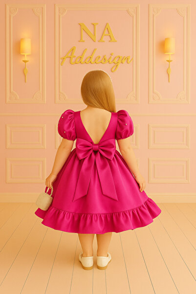 NA ADDESIGN Kız Çocuk Saten Balon Kollu İncili Prenses Elbise – 5 Renk Seçenekli