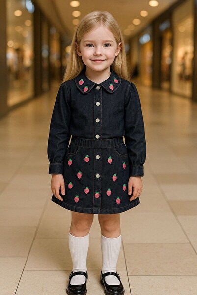 Tiny KIZ ÇOCUK ÇİLEK DETAYLI DENIM GÖMLEK - ETEK TAKIM