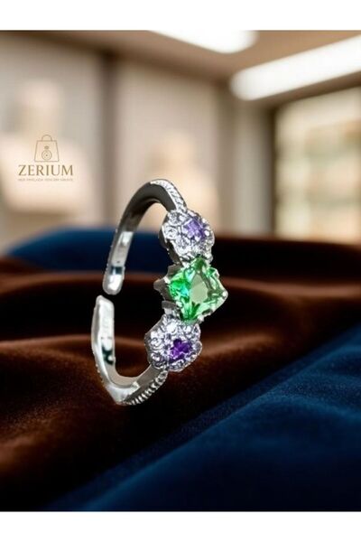 ZERİUM Silver Three Stone Flower Detailed Adjustable Ring