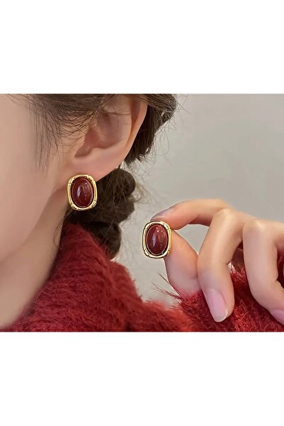 Bordo Vintage Küpe Gold Detaylı