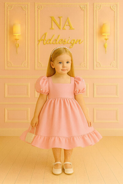 NA ADDESIGN Kız Çocuk Saten Balon Kollu İncili Prenses Elbise – 5 Renk Seçenekli