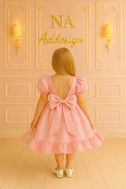 NA ADDESIGN Kız Çocuk Saten Balon Kollu İncili Prenses Elbise – 5 Renk Seçenekli