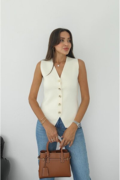 Havoş Ecru Five Button Steel Knitted Vest
