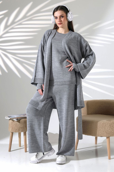 bacc Gray Crew Neck Blouse, Cardigan and Pants 3-Piece Knitwear Set Bces-252041