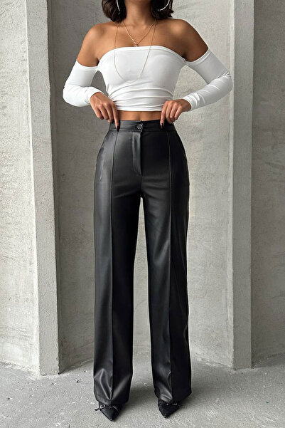 bacc Kadın Siyah Önü Dikiş Detaylı Suni Deri Palazzo Pantolon BCHN-2526654