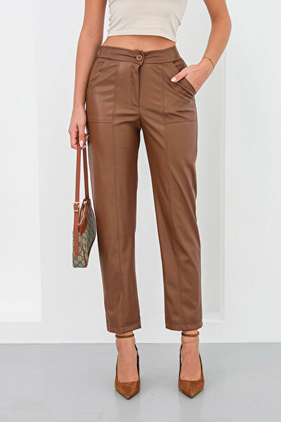 bacc Brown Double Pocket Faux Leather Pants with Front Stitching Detail Bchn-25265098