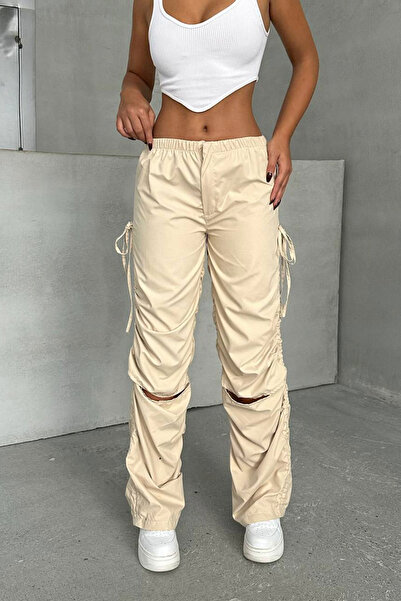 bacc Women's beige slit-sided parachute fabric design jogger pants bchn-25w26704