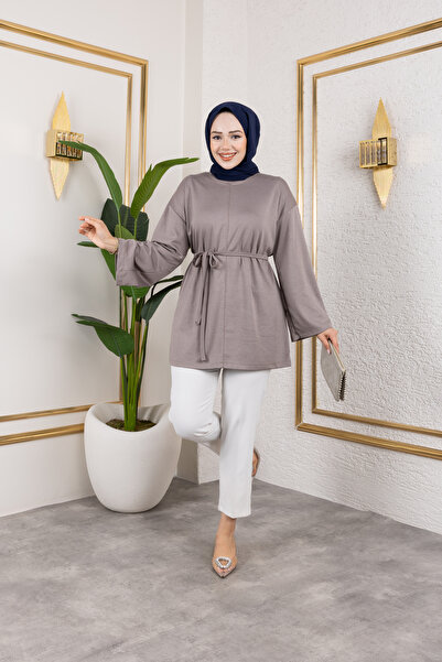 Eliva Women's Mink Belted Modal Knitted Fabric Hijab Tunic