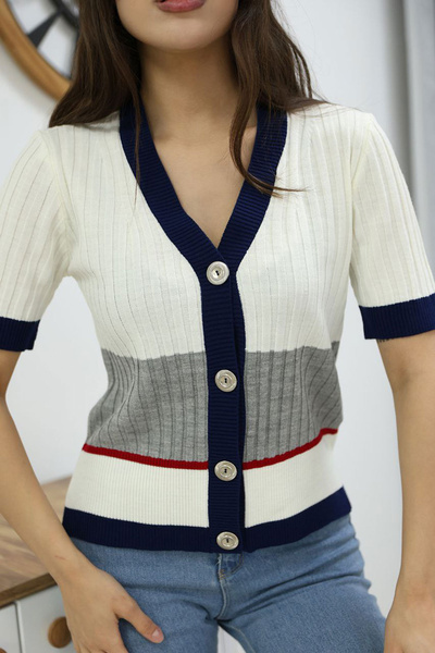 bacc Ecru V-Neck Color Block Buttoned Knit Blouse Bces-252013