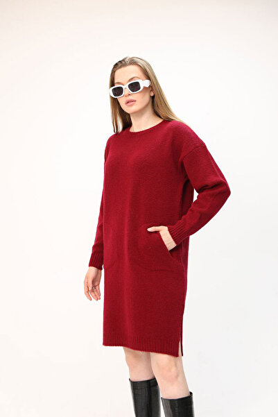 loia Γυναικείο μπορντό πλεκτό φόρεμα τουνίκ με διπλές τσέπες και απαλή υφή LO...