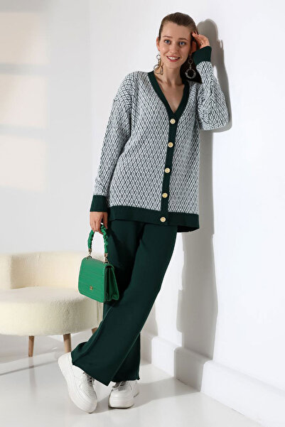 bacc Women's green v-neck button-up cardigan and pants bottom top knitwear set bces-252011