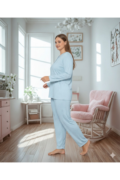 PİJAMUS Kadın Mavi - Puantiyeli Bambulu Dantel Yaka Pijama Takımı