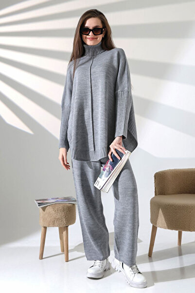bacc Gray High-Necked Loose Cut Sweater and Fit Pants Bottom-Top Knitwear Set Bces-252033