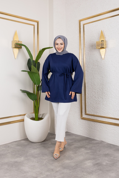 Eliva Women's Navy Blue Belted Modal Knitted Fabric Hijab Tunic