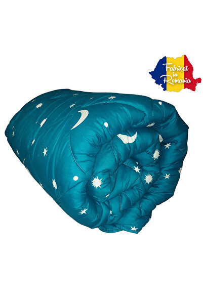 Patul Pilota dubla 200x210, Matlasata, Luna si Stele, 2 Persoane, Turcoaz