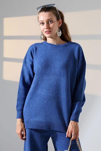 bacc Women's blue crew neck sweater and wide leg pants top bottom knitwear set bces-252005